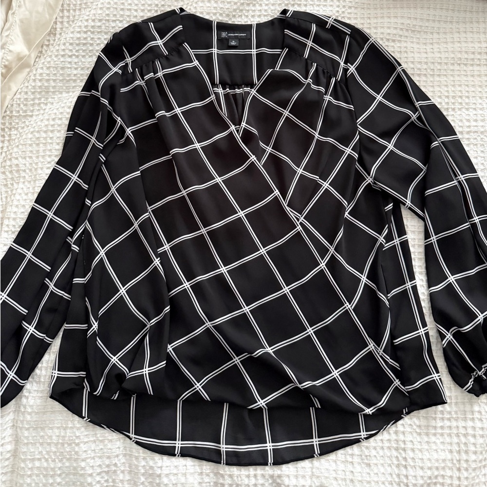 INC Black and White Window Pane Surplice Blouse
